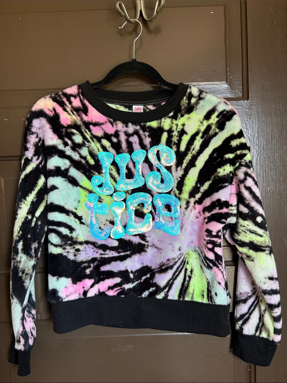 Justice Tie-Dye Crewneck Sweatshirt in Black, Pink, Green, Purple; size 10